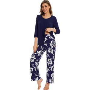 image:imageWiWi Pajamas Set for Women Super Soft 34 Sleeve Tops and Pants Pajama Sets Cooling Viscose Bamboo Pjs with Pockets SXXLNavy