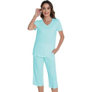 image:imageWiWi Pajamas for Women Cool Short Sleeve Top and Capri Pants Viscose from Bamboo Super Soft 2 Piece Pjs Sleepwear SXXLAaqua