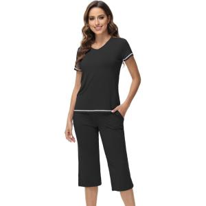image:imageWiWi Pajamas for Women Cool Short Sleeve Top and Capri Pants Viscose from Bamboo Super Soft 2 Piece Pjs Sleepwear SXXLAblack
