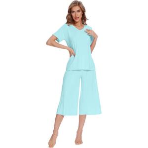 image:imageWiWi Pajamas for Women Cool Short Sleeve Top and Capri Pants Viscose from Bamboo Super Soft 2 Piece Pjs Sleepwear SXXLBaqua