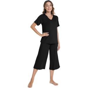 image:imageWiWi Pajamas for Women Cool Short Sleeve Top and Capri Pants Viscose from Bamboo Super Soft 2 Piece Pjs Sleepwear SXXLBblack