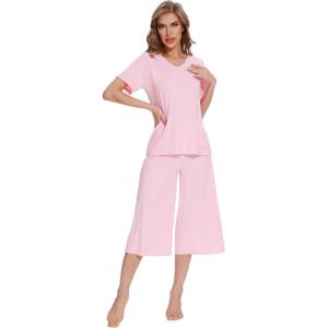 image:imageWiWi Pajamas for Women Cool Short Sleeve Top and Capri Pants Viscose from Bamboo Super Soft 2 Piece Pjs Sleepwear SXXLBpink
