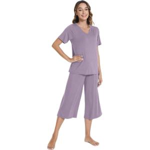 image:imageWiWi Pajamas for Women Cool Short Sleeve Top and Capri Pants Viscose from Bamboo Super Soft 2 Piece Pjs Sleepwear SXXLBviolet