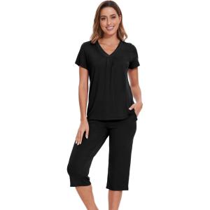 image:imageWiWi Pajamas for Women Cool Short Sleeve Top and Capri Pants Viscose from Bamboo Super Soft 2 Piece Pjs Sleepwear SXXLCblack