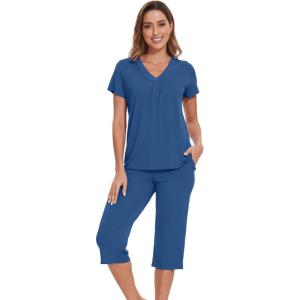 image:imageWiWi Pajamas for Women Cool Short Sleeve Top and Capri Pants Viscose from Bamboo Super Soft 2 Piece Pjs Sleepwear SXXLCprussian Blue