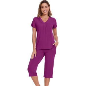 image:imageWiWi Pajamas for Women Cool Short Sleeve Top and Capri Pants Viscose from Bamboo Super Soft 2 Piece Pjs Sleepwear SXXLCpurplish Red