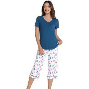 image:imageWiWi Pajamas for Women Cool Short Sleeve Top and Capri Pants Viscose from Bamboo Super Soft 2 Piece Pjs Sleepwear SXXLDdark Pink Dots