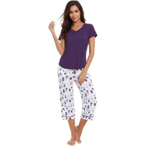 image:imageWiWi Pajamas for Women Cool Short Sleeve Top and Capri Pants Viscose from Bamboo Super Soft 2 Piece Pjs Sleepwear SXXLDdark Purple Dots