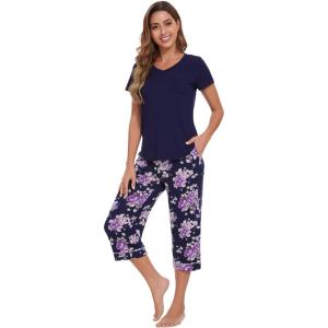 image:imageWiWi Pajamas for Women Cool Short Sleeve Top and Capri Pants Viscose from Bamboo Super Soft 2 Piece Pjs Sleepwear SXXLDnavyPurple Floral