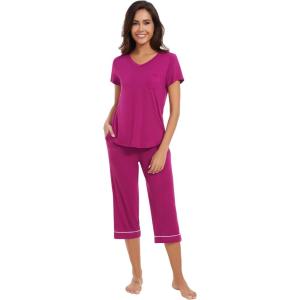 image:imageWiWi Pajamas for Women Cool Short Sleeve Top and Capri Pants Viscose from Bamboo Super Soft 2 Piece Pjs Sleepwear SXXLDrose Red