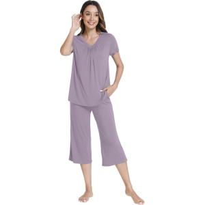 image:imageWiWi Pajamas for Women Cool Short Sleeve Top and Capri Pants Viscose from Bamboo Super Soft 2 Piece Pjs Sleepwear SXXLEviolet