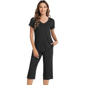 image:imageWiWi Pajamas for Women Cool Short Sleeve Top and Capri Pants Viscose from Bamboo Super Soft 2 Piece Pjs Sleepwear SXXLFblack