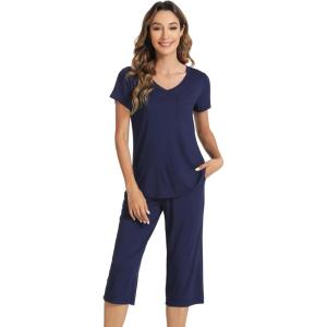 image:imageWiWi Pajamas for Women Cool Short Sleeve Top and Capri Pants Viscose from Bamboo Super Soft 2 Piece Pjs Sleepwear SXXLFnavy