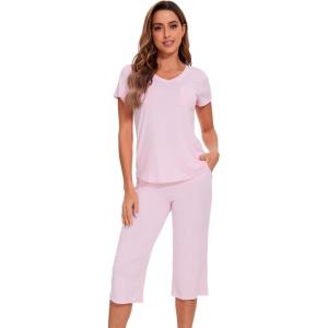 image:imageWiWi Pajamas for Women Cool Short Sleeve Top and Capri Pants Viscose from Bamboo Super Soft 2 Piece Pjs Sleepwear SXXLFpink