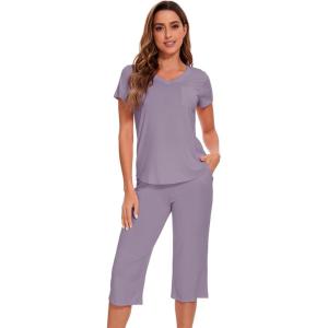 image:imageWiWi Pajamas for Women Cool Short Sleeve Top and Capri Pants Viscose from Bamboo Super Soft 2 Piece Pjs Sleepwear SXXLFviolet