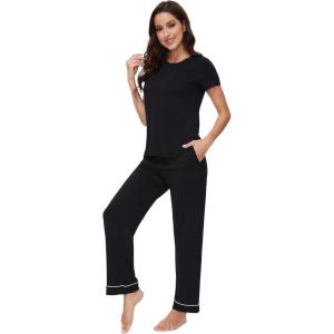 image:imageWiWi Pajamas for Women Pajama Sets Super Soft Short Sleeve Loungewear with Pants Cooling Pjs Lounge Set SXXLBlack