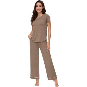 image:imageWiWi Pajamas for Women Pajama Sets Super Soft Short Sleeve Loungewear with Pants Cooling Pjs Lounge Set SXXLCamel