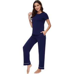 image:imageWiWi Pajamas for Women Pajama Sets Super Soft Short Sleeve Loungewear with Pants Cooling Pjs Lounge Set SXXLNavy