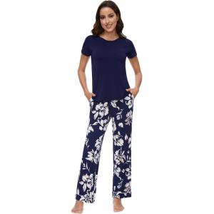 image:imageWiWi Pajamas for Women Pajama Sets Super Soft Short Sleeve Loungewear with Pants Cooling Pjs Lounge Set SXXLNavy Floral