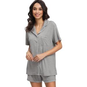 image:imageWiWi Soft Pajamas Set for Women Button Down Short Pajama Sets Plus Size Pjs Sleepwear Viscose from Bamboo S4XAheather Grey