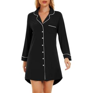 image:imageWiWi Super Soft Cooling Nightgowns for Women Bamboo Viscose Long Sleeve Sleep Shirt Button Down Boyfriend Sleepwear SXXLBlack