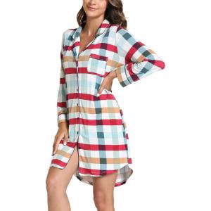 image:imageWiWi Super Soft Cooling Nightgowns for Women Bamboo Viscose Long Sleeve Sleep Shirt Button Down Boyfriend Sleepwear SXXLGreen Plaid
