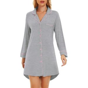 image:imageWiWi Super Soft Cooling Nightgowns for Women Bamboo Viscose Long Sleeve Sleep Shirt Button Down Boyfriend Sleepwear SXXLHeather Grey