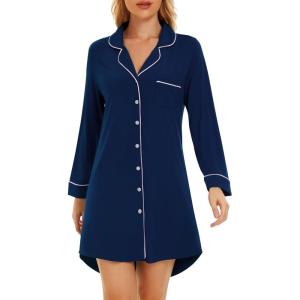 image:imageWiWi Super Soft Cooling Nightgowns for Women Bamboo Viscose Long Sleeve Sleep Shirt Button Down Boyfriend Sleepwear SXXLNavy