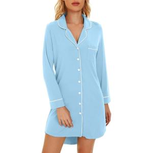 image:imageWiWi Super Soft Cooling Nightgowns for Women Bamboo Viscose Long Sleeve Sleep Shirt Button Down Boyfriend Sleepwear SXXLPale Blue