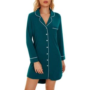 image:imageWiWi Super Soft Cooling Nightgowns for Women Bamboo Viscose Long Sleeve Sleep Shirt Button Down Boyfriend Sleepwear SXXLPeacock Green