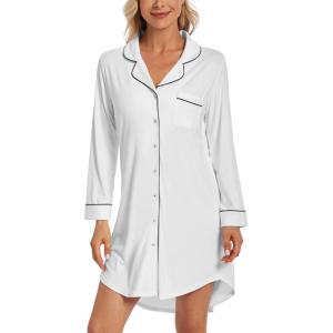 image:imageWiWi Super Soft Cooling Nightgowns for Women Bamboo Viscose Long Sleeve Sleep Shirt Button Down Boyfriend Sleepwear SXXLPure White