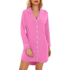 image:imageWiWi Super Soft Cooling Nightgowns for Women Bamboo Viscose Long Sleeve Sleep Shirt Button Down Boyfriend Sleepwear SXXLRaspberry Pink