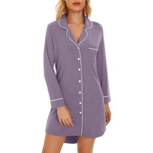 image:imageWiWi Super Soft Cooling Nightgowns for Women Bamboo Viscose Long Sleeve Sleep Shirt Button Down Boyfriend Sleepwear SXXLViolet