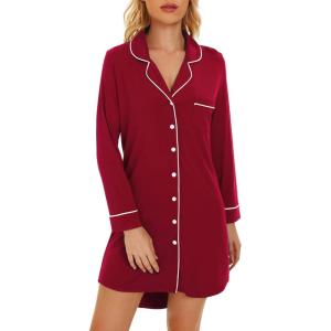 image:imageWiWi Super Soft Cooling Nightgowns for Women Bamboo Viscose Long Sleeve Sleep Shirt Button Down Boyfriend Sleepwear SXXLWine Red