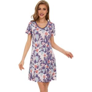 image:imageWiWi Super Soft Nightgowns for Women Cool Short Sleeve Night Shirt Bamboo Viscose Plus Size Sleepwear S4XPurpleFloral