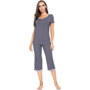 image:imageWiWi Viscose from Bamboo Pajamas Set for Women Super Soft Short Sleeve Tops Capri Pants Sleepwear Cooling Pjs Sets S3XAdark Grey
