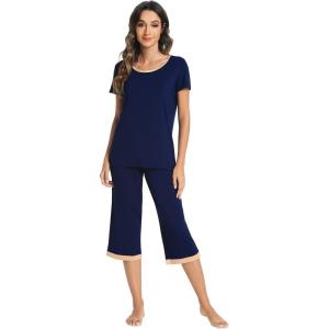 image:imageWiWi Viscose from Bamboo Pajamas Set for Women Super Soft Short Sleeve Tops Capri Pants Sleepwear Cooling Pjs Sets S3XAnavy
