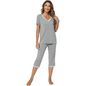 image:imageWiWi Viscose from Bamboo Pajamas Set for Women Super Soft Short Sleeve Tops Capri Pants Sleepwear Cooling Pjs Sets S3XBheather Grey