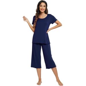 image:imageWiWi Viscose from Bamboo Pajamas Set for Women Super Soft Short Sleeve Tops Capri Pants Sleepwear Cooling Pjs Sets S3XCdark Blue