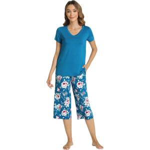 image:imageWiWi Viscose from Bamboo Womens Summer Pajama Set Loungewear Soft 2 Piece Printed Capris Pjs SXXLTeal BluePeony