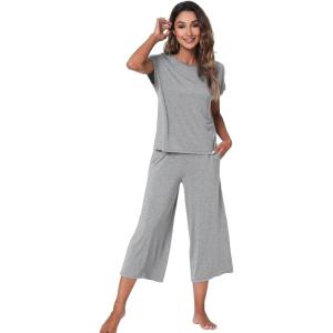 image:imageWiWi Viscose from Bamboo Womens Top and Capris Pajamas Set Super Soft Short Sleeve Sleepwear Cooling Scoop Neck Pjs SXXLBheather Grey