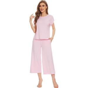 image:imageWiWi Viscose from Bamboo Womens Top and Capris Pajamas Set Super Soft Short Sleeve Sleepwear Cooling Scoop Neck Pjs SXXLBpink