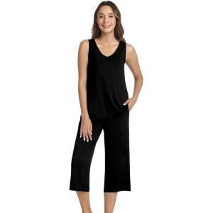 image:imageWiWi Women Pajama Set Sleeveless Top with Capri Pants Viscose from Bamboo Super Soft VNeck Tank Cooling PJ Sets SXXLAblack