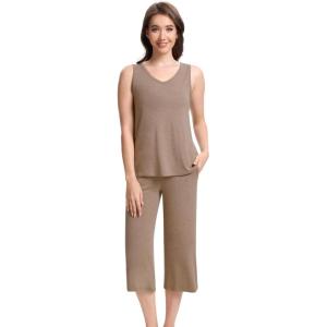 image:imageWiWi Women Pajama Set Sleeveless Top with Capri Pants Viscose from Bamboo Super Soft VNeck Tank Cooling PJ Sets SXXLAcamel