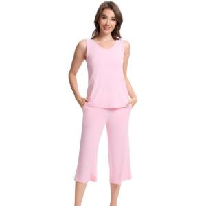 image:imageWiWi Women Pajama Set Sleeveless Top with Capri Pants Viscose from Bamboo Super Soft VNeck Tank Cooling PJ Sets SXXLApink