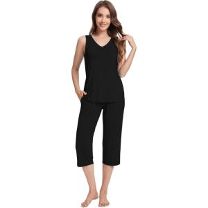 image:imageWiWi Women Pajama Set Sleeveless Top with Capri Pants Viscose from Bamboo Super Soft VNeck Tank Cooling PJ Sets SXXLBblack