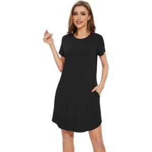 image:imageWiWi Womens Bamboo Viscose Nightgowns Soft Short Sleeve Sleep Shirt Lightweight Cool Nightshirt Pajama Dress SXXLDblack