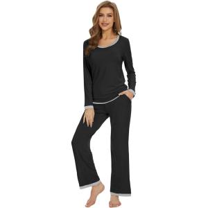 image:imageWiWi Womens Pajama Sets Soft Long Sleeves Top with Pants Cooling PJ 2 Piece Viscose from Bamboo Loungewear Set SXXLAblack