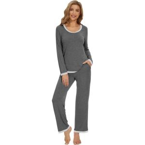 image:imageWiWi Womens Pajama Sets Soft Long Sleeves Top with Pants Cooling PJ 2 Piece Viscose from Bamboo Loungewear Set SXXLAdark Heather Grey