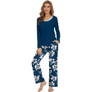 image:imageWiWi Womens Pajama Sets Soft Long Sleeves Top with Pants Cooling PJ 2 Piece Viscose from Bamboo Loungewear Set SXXLAink Blueink Blue Floral